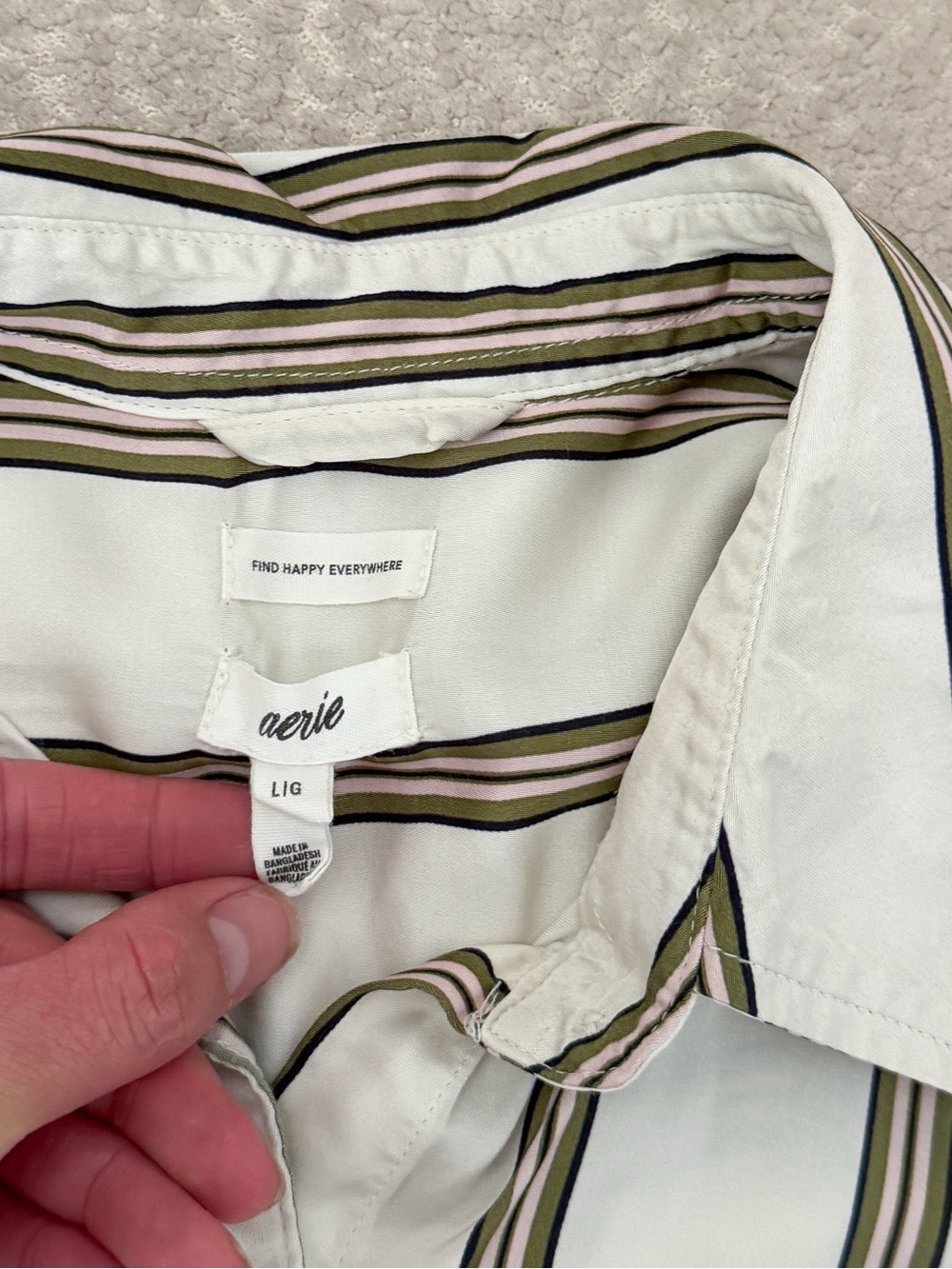 aerie Cream & Olive Striped Long Sleeve Satin PJ-To-Party Button Shirt sz Large - Picture 8 of 10